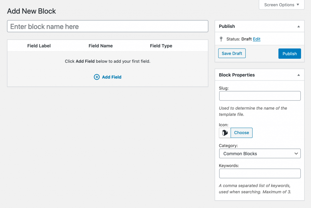 The “add new block” options screen in WordPress