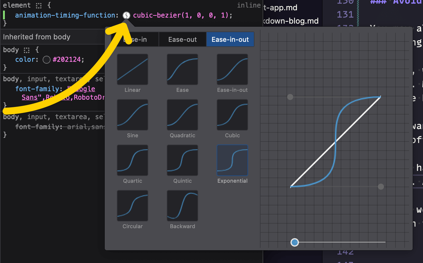 Firefox dev tools, with a wide array of easing types and options